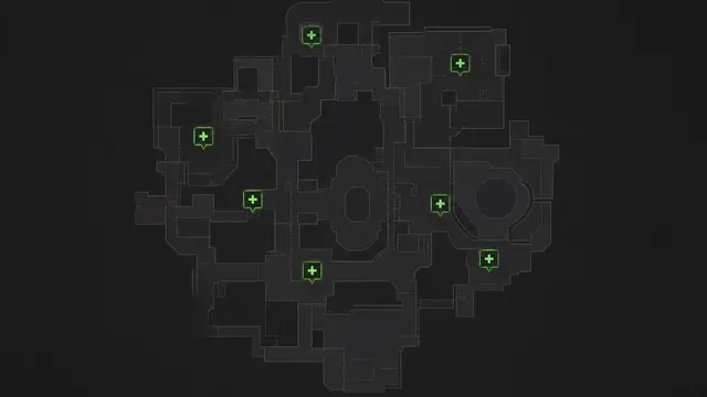 Abstract health pack and ult charge overlays on a dark Overwatch 2 route grid