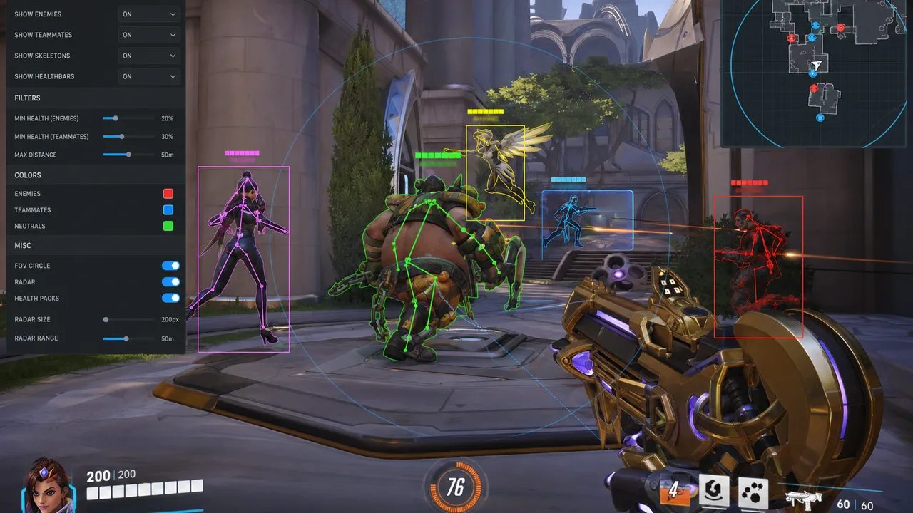 Filtered health pack and ult charge markers on a tactical dark grid