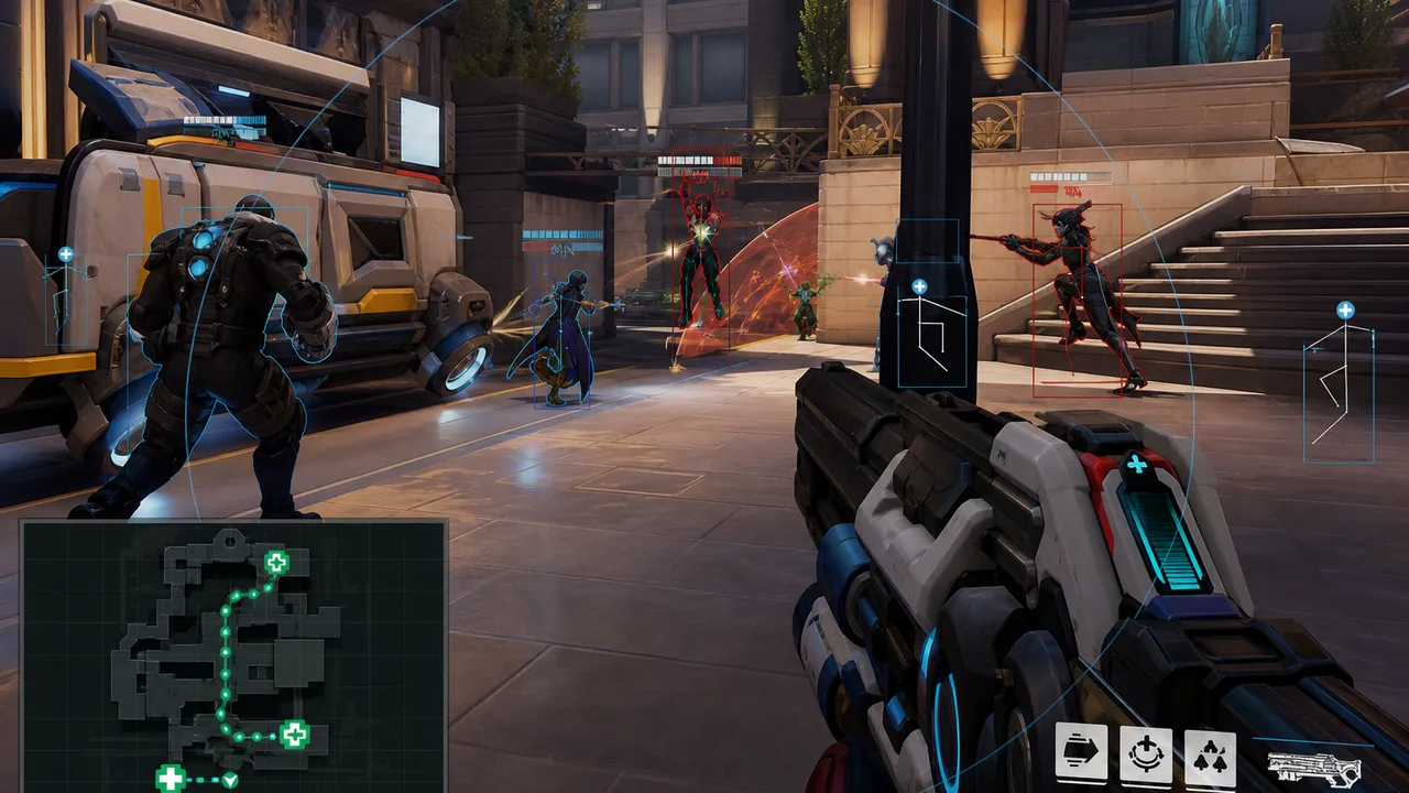 Enemy ult charge readout alongside player health bars on overlay mockup