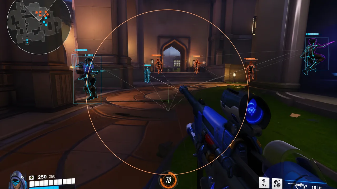 Overwatch 2 PvP positioning with ESP skeleton markers showing peek angles