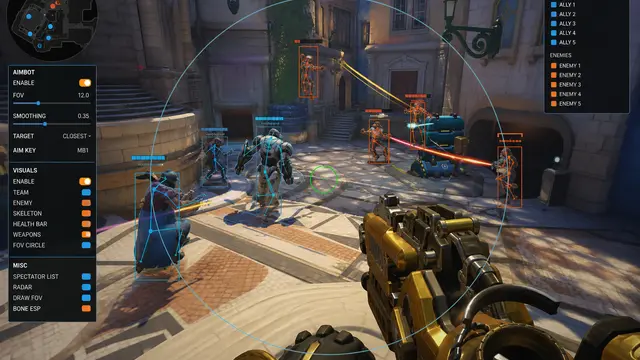 Overwatch 2 Pro tier overlay showing aim FOV and weapon ESP during team fight
