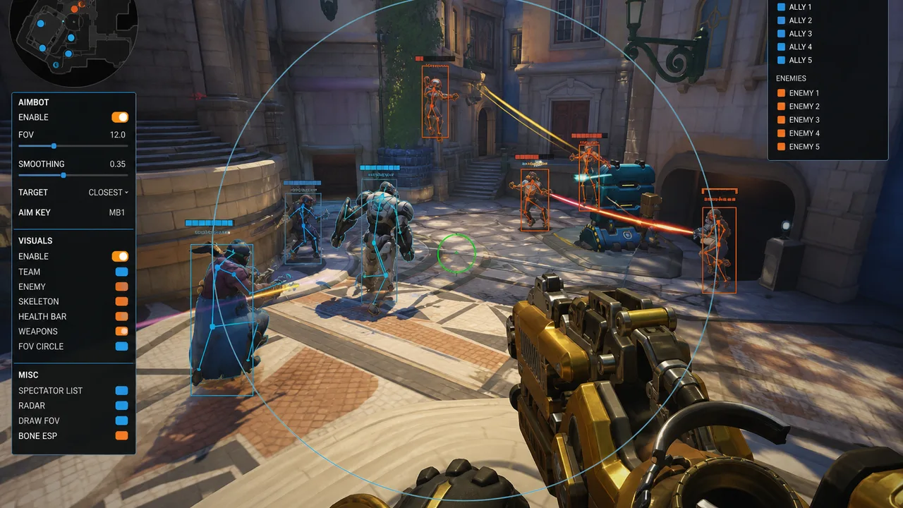 Overwatch 2 Pro tier overlay showing aim FOV and weapon ESP during team fight