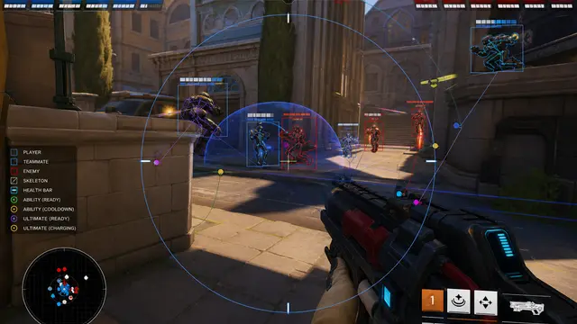 2D circular radar with player blips on dark Overwatch 2 grid