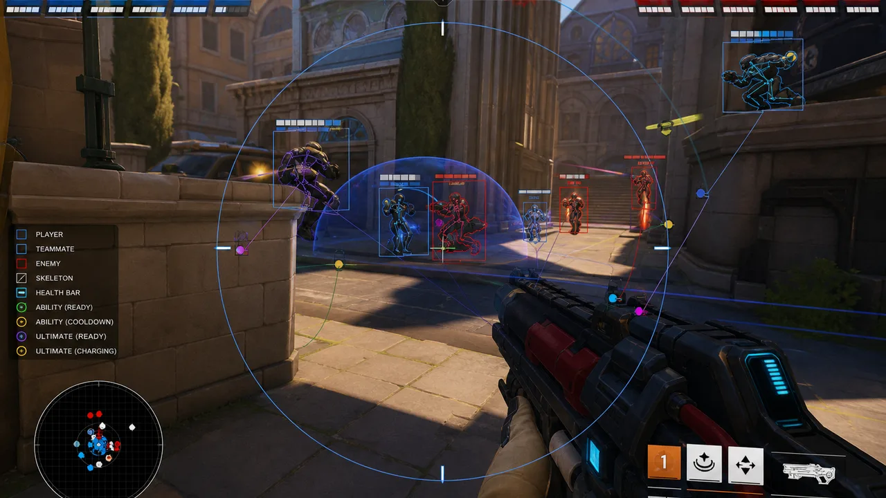 2D circular radar with player blips on dark Overwatch 2 grid