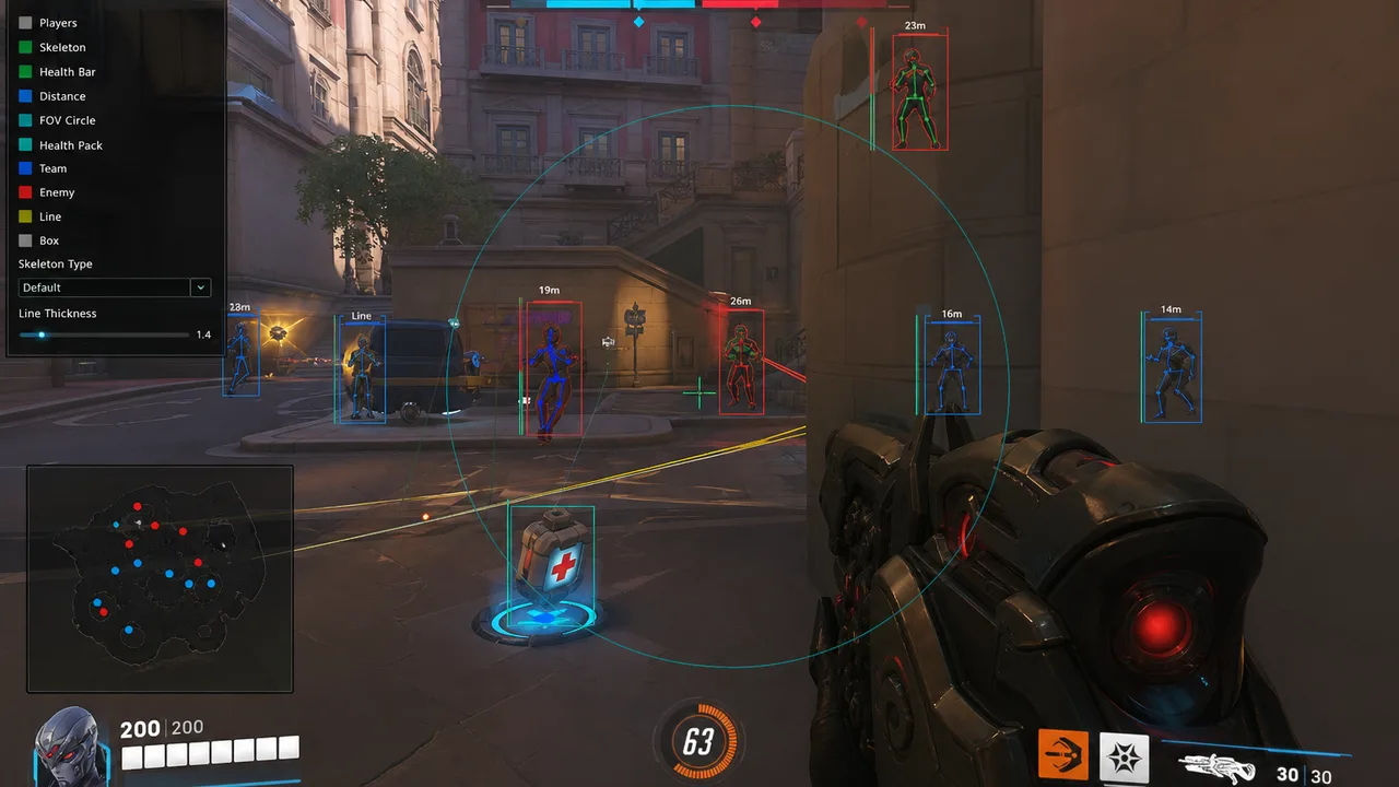 Overwatch 2 Xray tier ESP showing player boxes and distance on control map