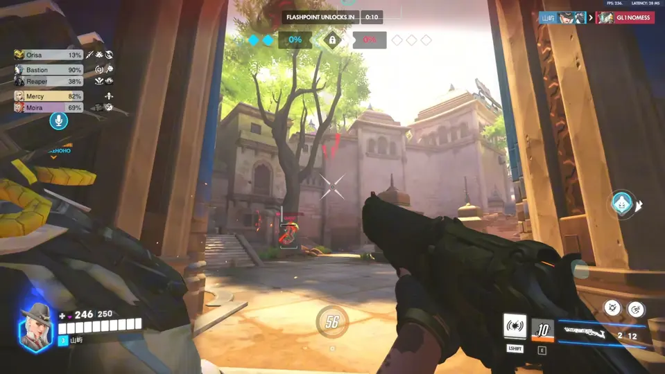 Overwatch 2 Flashpoint gameplay — Ashe aiming down a sunlit plaza