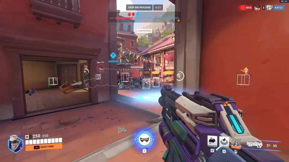 Overwatch 2 ESP overlay — wallhack boxes tracking enemies on Dorado payload