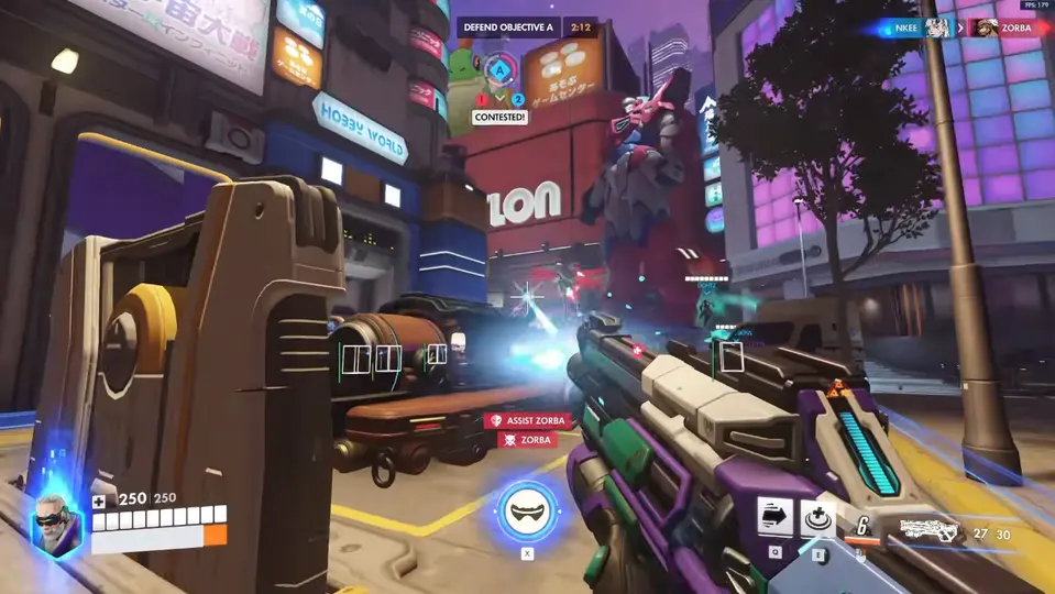 Overwatch 2 tactical visor — Soldier 76 ultimate on a neon city map